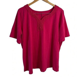 Roamans Hot Pink Blouse Plus Size 14 16 Lace Crochet Neckline Short Sleeves Top